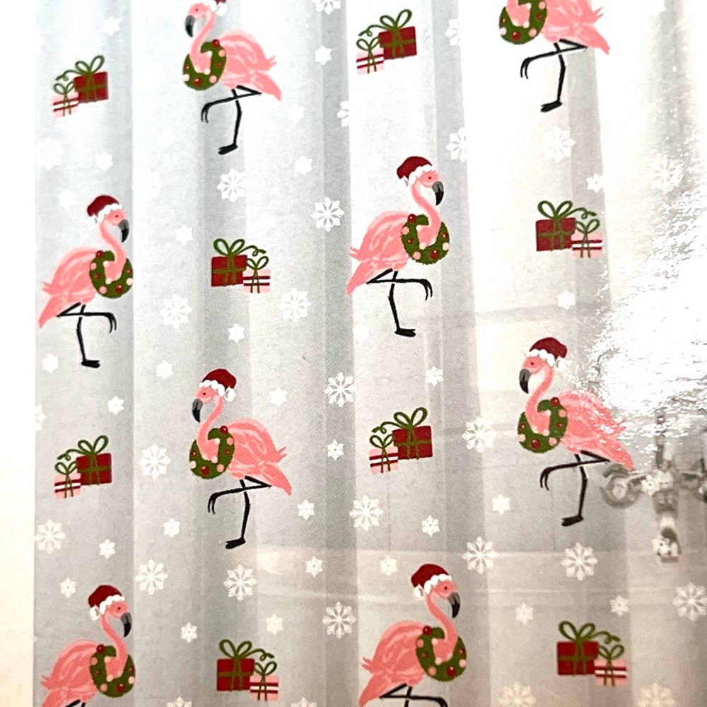 Christmas Pink Flamingos Peva Shower Curtain Tropical Snowflakes Santa Hats